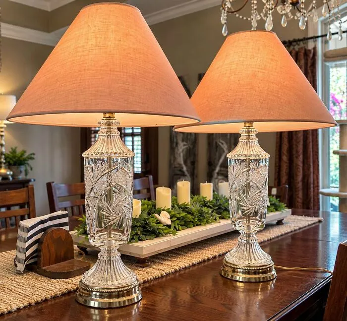 Pair of vintage etched glass lamps with beige shades thrift store finds