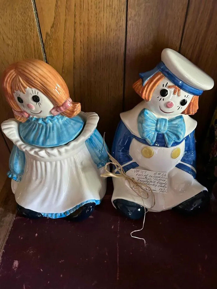 Vintage ceramic doll cookie jars with blue and white outfits thrift store finds