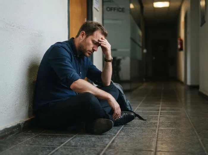 A distressed man sitting on the floor of a hallway, reflecting on his fizzled out friendships.