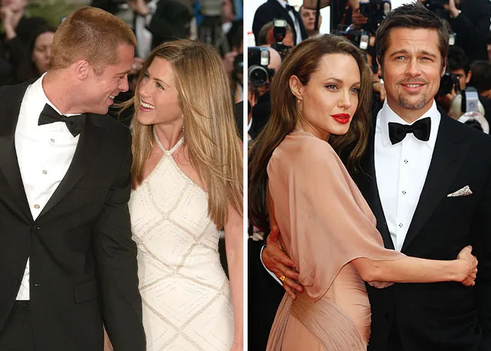 Married Hollywood stars smiling and interacting at a red carpet event in formal attire