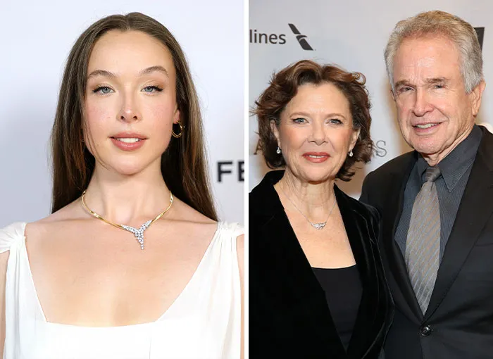 Side-by-side photo of Isabel Beatty next to parents Annette Bening and Warren Beatty, famous nepo babies in Hollywood.