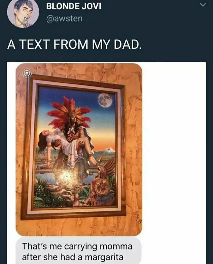 Wholesome memes screenshot showing a text message about a painting of an Aztec warrior carrying a woman.