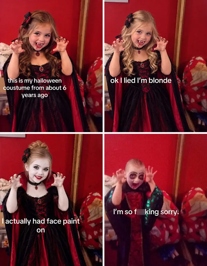 Vampire costume photo edit sequence featuring the I am so sorry TikTok trend meme format