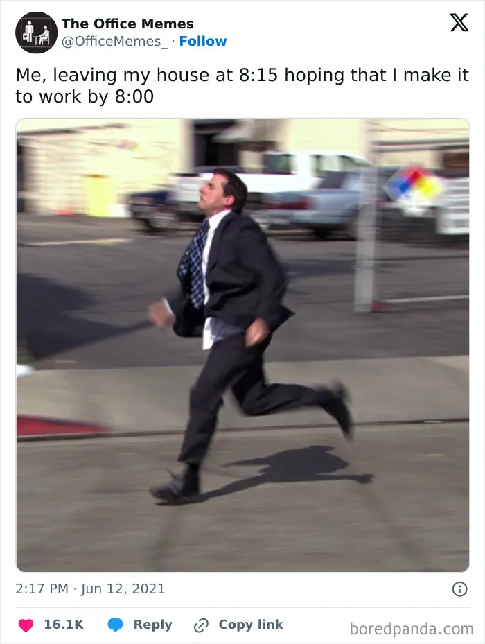 Blurred image of man in suit running fast to work after leaving late