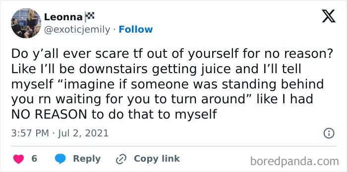 Tweet about scaring yourself for no reason with British dry humor