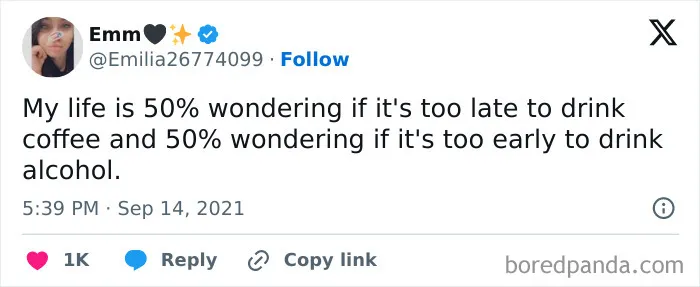 Tweet about life wondering when to drink coffee or alcohol