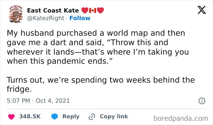 A funny tweet post featured in wholesome memes about throwing a dart at a world map.