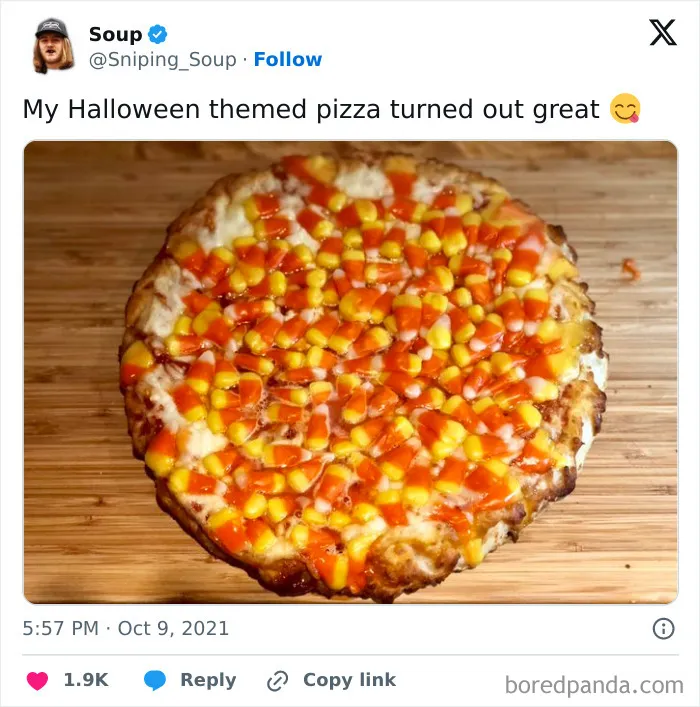 A funny post displaying a pizza covered in candy corn as one of the relatable Halloween tweets