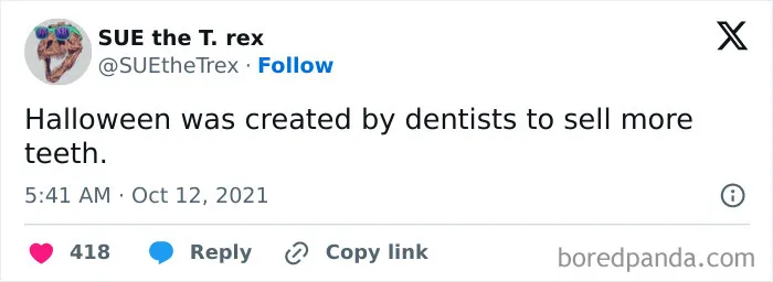 A humorous social post about dentists and candy included in relatable Halloween tweets