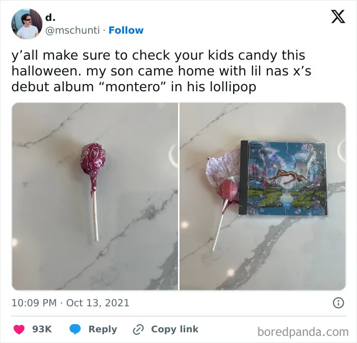 Relatable Halloween tweet showing a CD inside a candy wrapper as a funny trick-or-treat joke.