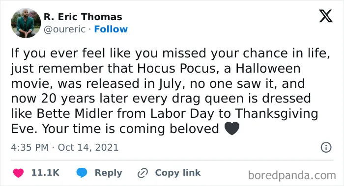 Social media text post sharing a funny observation about spooky season and Hocus Pocus.