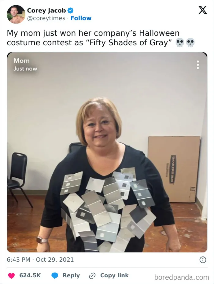 Creative Halloween posts showing a woman wearing paint swatches as a Fifty Shades of Gray costume.