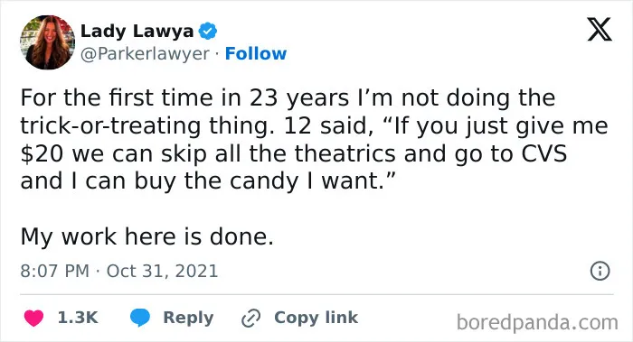 A social media screenshot featuring hilarious Halloween tweets about skipping trick-or-treating for candy.