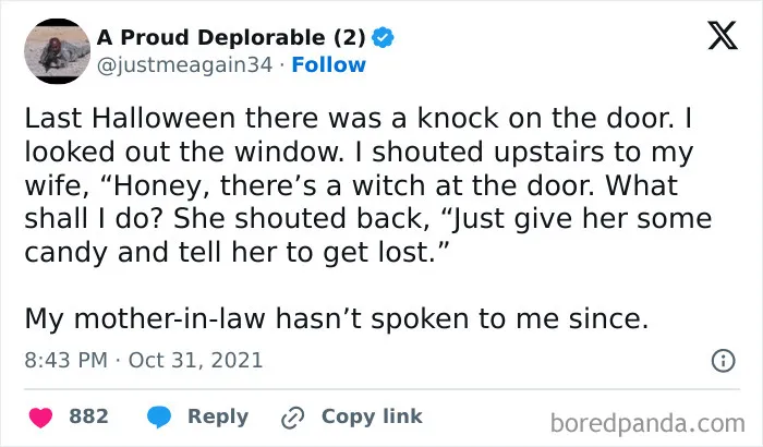 A hilarious Halloween tweet about a mother-in-law joke.