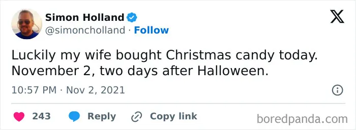 Funny post about buying Christmas candy right after Halloween tweets, written by Simon Holland.