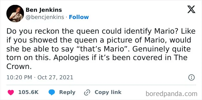 Tweet pondering if the queen could identify Mario with British dry humor