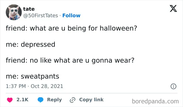 A post by tate with a funny dialogue about wearing sweatpants for Halloween during spooky season.