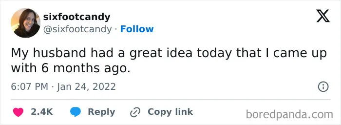Humorous post about spouses taking credit for ideas, from a collection of marriage tweets
