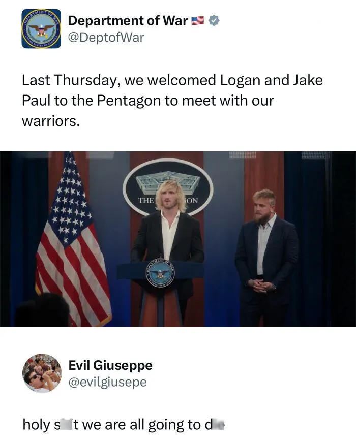 Funny memes reacting to the Paul brothers visiting the Pentagon in a spoof tweet.