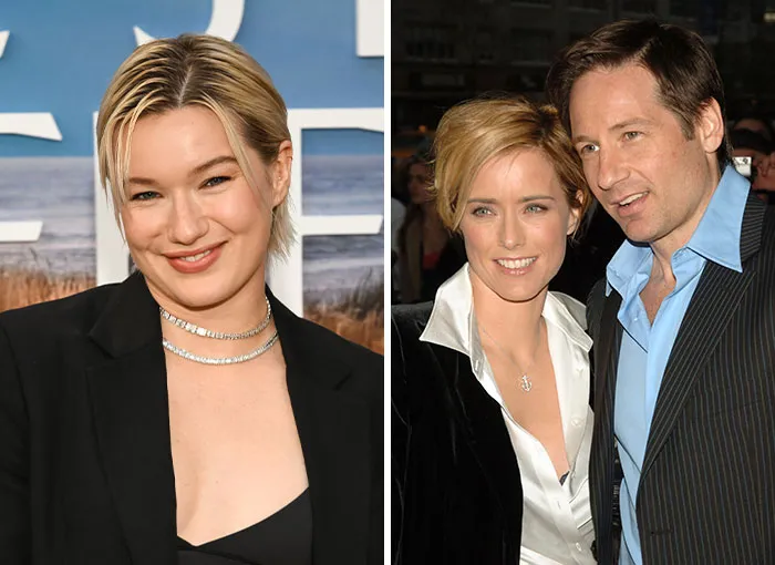 Side-by-side photo of West Duchovny with parents Tea Leoni and David Duchovny, showing nepo babies in Hollywood.