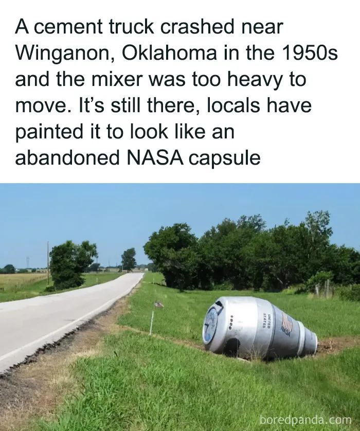 Crashed cement truck mixer painted like NASA capsule showing funny construction fails