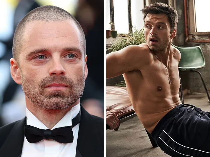 Sebastian Stan dressed formally and shirtless, named among popular Hollywood Hunks.