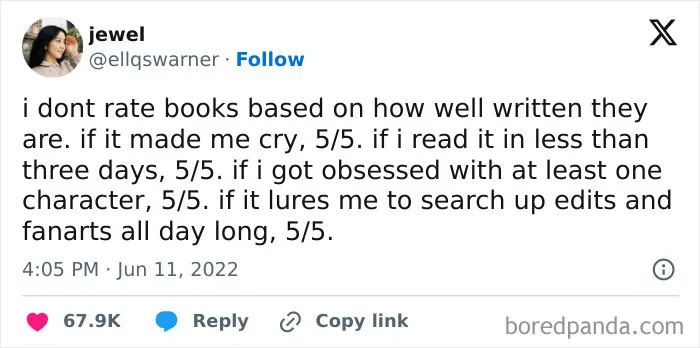 Funny reading meme rating books by emotional impact and obsession with characters