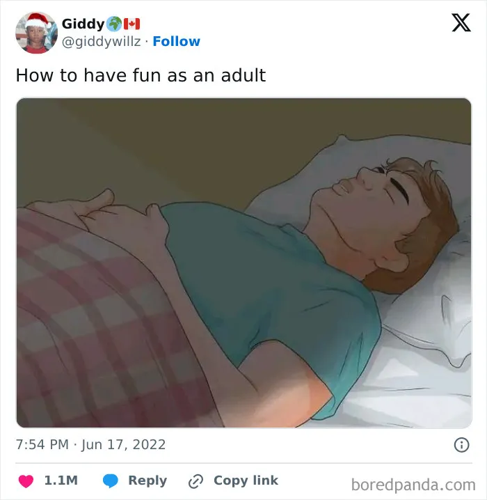 Meme showing how to have fun as an adult by resting