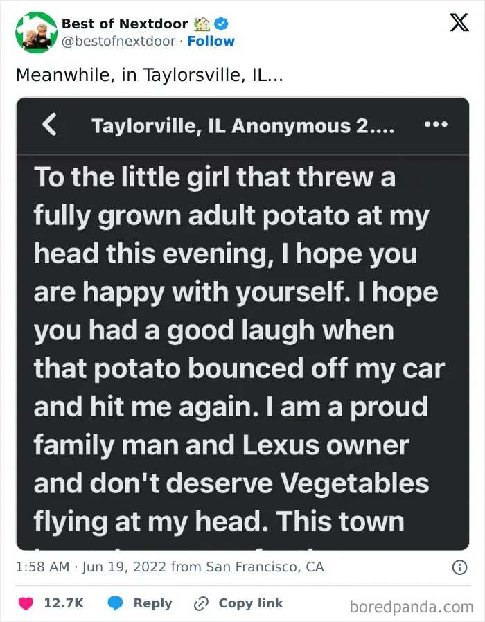 Social media screenshot highlighting infuriating neighbors, showing a post about a potato thrown at someone.