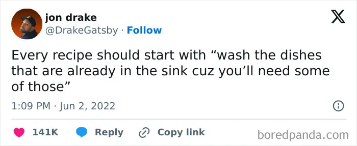 Tweet joking that recipes should start with washing dishes already in the sink in growing up memes
