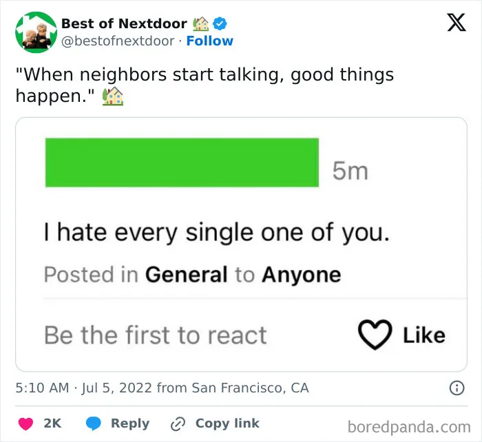 Post from an online neighborhood group showing infuriating neighbors expressing hate toward everyone.