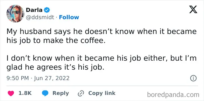Relatable post about a husband making coffee, featured in funny marriage tweets