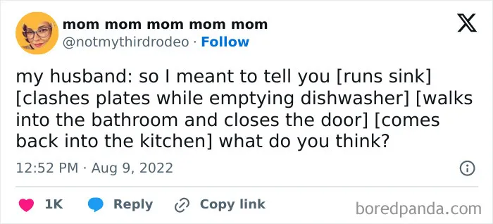 Relatable marriage tweets about a husband talking while making loud noises and walking away.