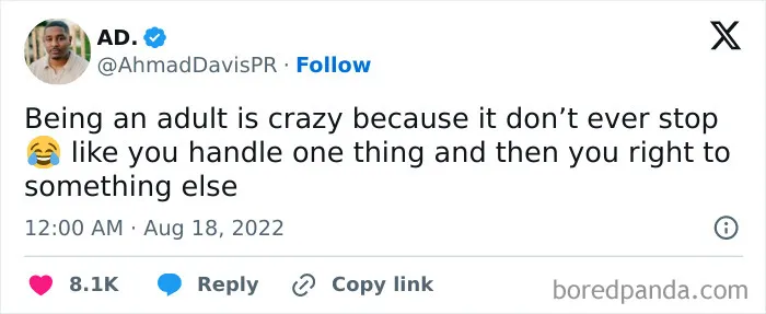 Humorous tweet on the craziness of being an adult meme