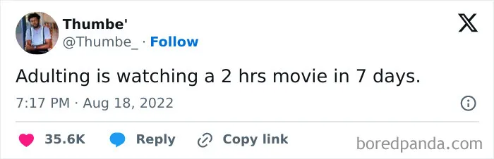 Tweet about adulting and watching a 2 hour movie in 7 days meme