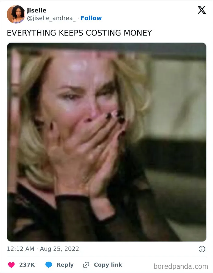 Woman shocked covering her mouth with caption about money expenses growing up