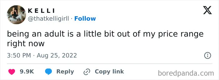 Tweet about adulting being out of price range meme