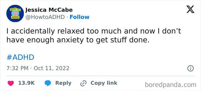 A relatable work tweet about needing anxiety to get stuff done.