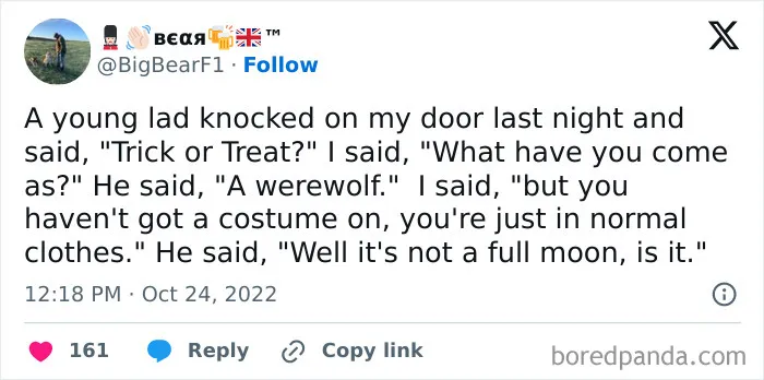 Funny Halloween posts about a witty trick-or-treater pretending to be a werewolf in normal clothes.
