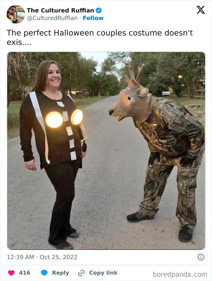 Funny Halloween posts showing a couple dressed as a deer in headlights.