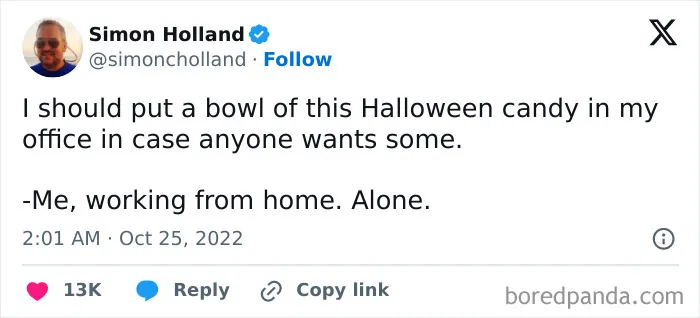 Funny social media post about Halloween candy and working from home alone during spooky season