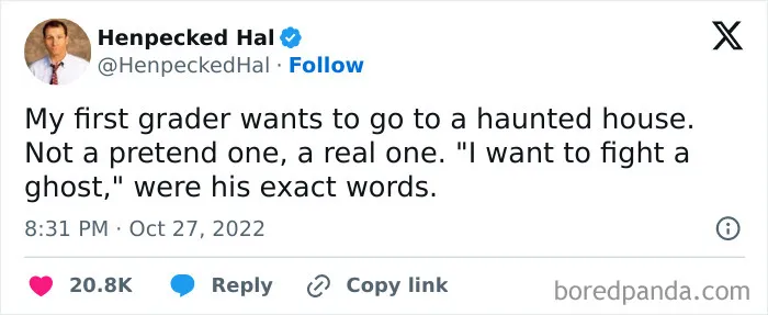 Funny post about a child wanting to fight a ghost, featured in relatable Halloween tweets.