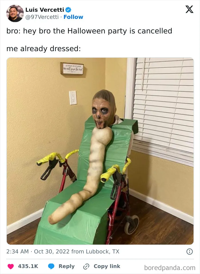 Hilarious Halloween tweet showing a person in a funny worm costume sitting in a walker chair.