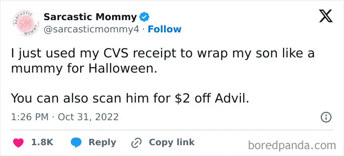 A funny Halloween tweet about wrapping a child in a CVS receipt like a mummy for a costume.
