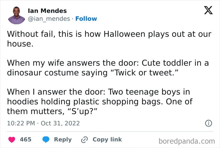 A relatable post comparing trick-or-treaters on Halloween.