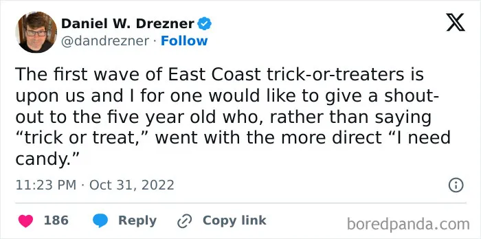 A funny post from a social media user sharing hilarious Halloween tweets about direct trick-or-treaters.