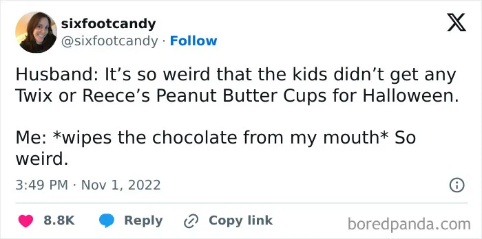 Humorous Halloween post about a parent eating their kids trick-or-treat candy during spooky season.
