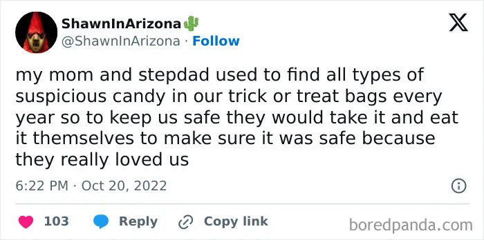 Screenshot of hilarious Halloween tweets about parents taking their kids' candy for safety.
