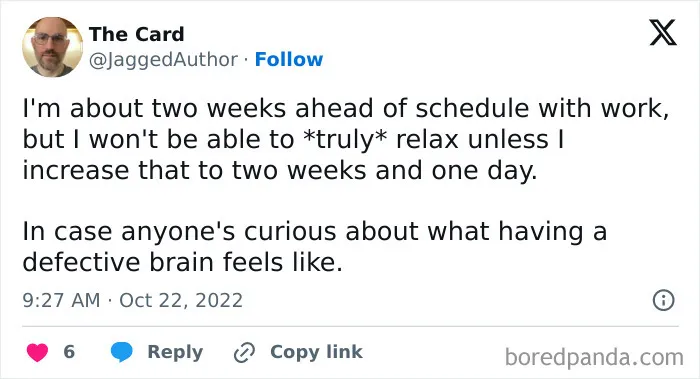 An online post about work schedules and inability to relax, from work tweets.