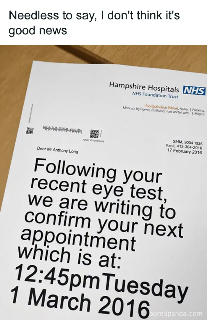 An eye test appointment letter with extremely large font, ideal for edgy memes.